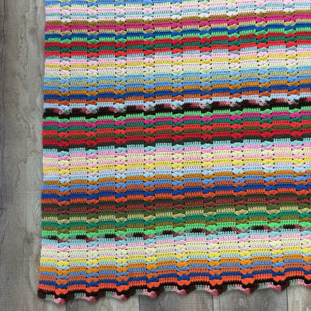 Vtg Handmade Crochet Lap Blanket Afghan Throw 51”x62” Multicolor Stripe Rainbow - Picture 10 of 10